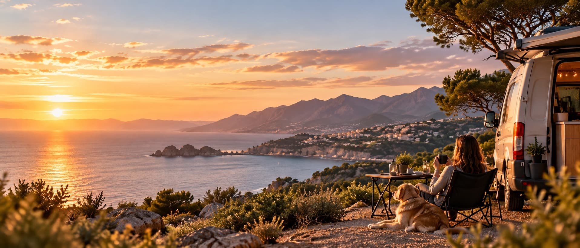 Eine Frau sitzt mit ihrem Hund bei Sonnenuntergang vor ihrem Campervan und blickt über eine Bucht am Meer